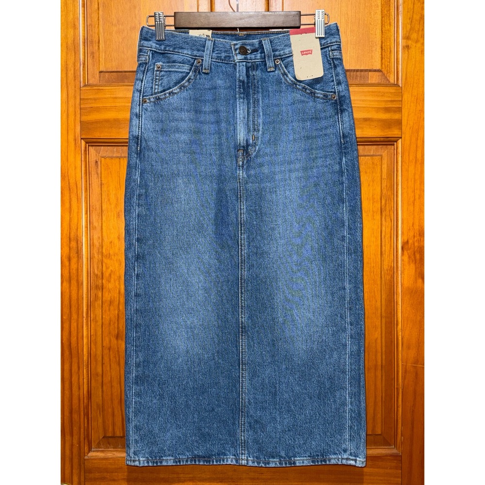 Levis Icon Denim Midi Skirt Medium Wash Blue High Waisted Back Slit W26 NWT